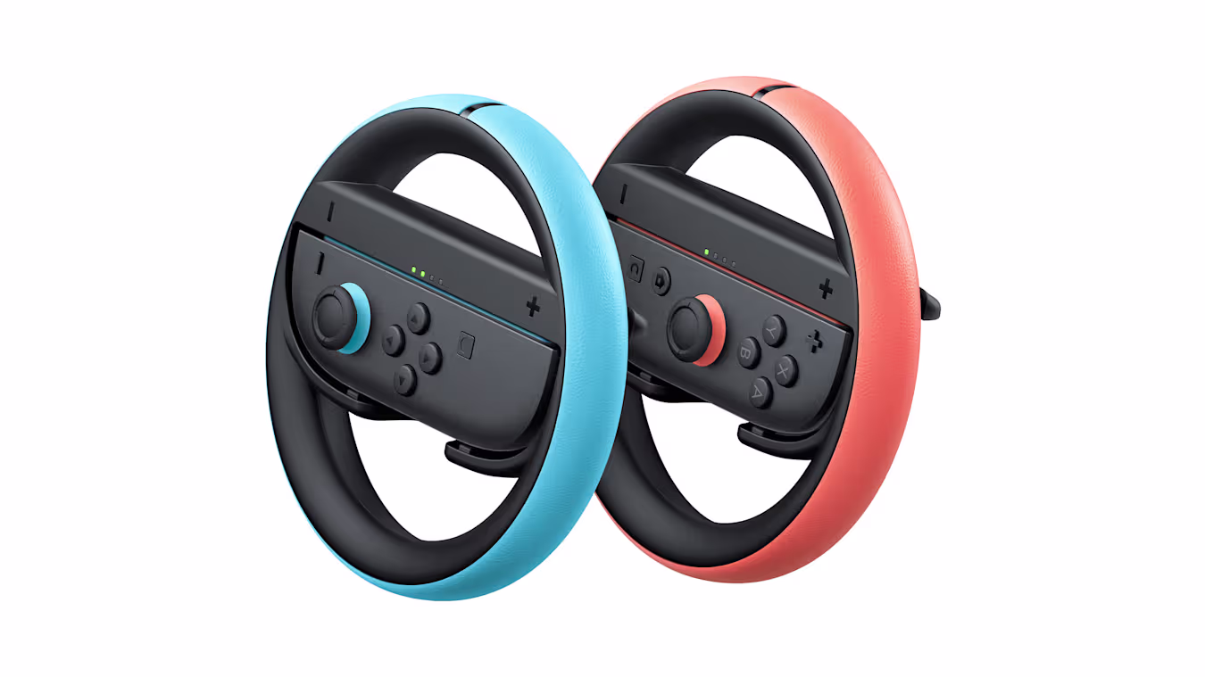 Two Nintendo Switch 2 Joy-Con wheels sit side by side.